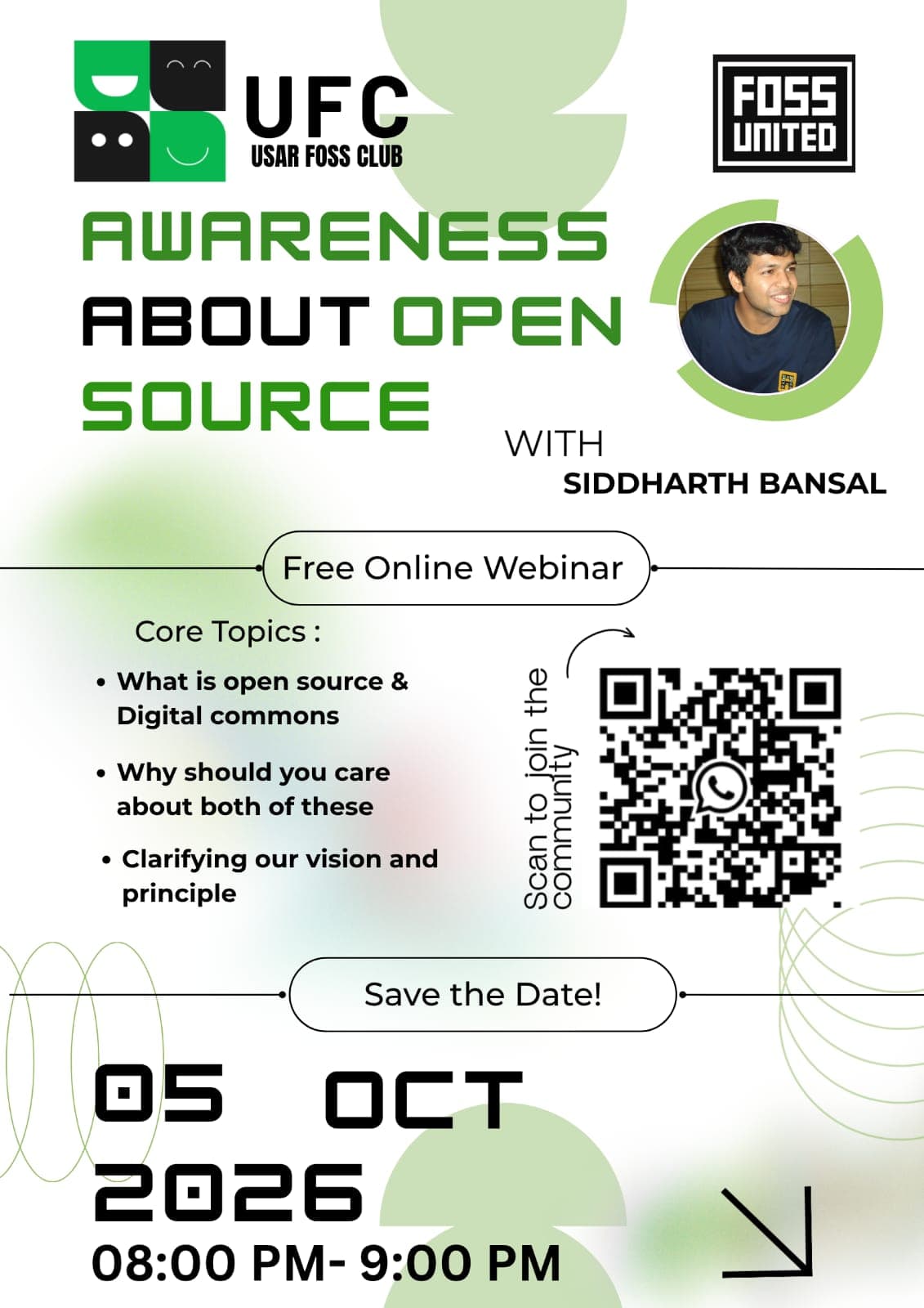 Poster for Awareness About Open Source with Siddharth Bansal, a free online webinar on 5th October 2026, 8 to 9 PM. Topics: what open source and digital commons are, why you should care, and our vision and principles.